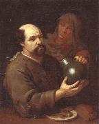 unknow artist A man seated at a table holding a flagon,a servant offering him a glass of wine oil painting on canvas